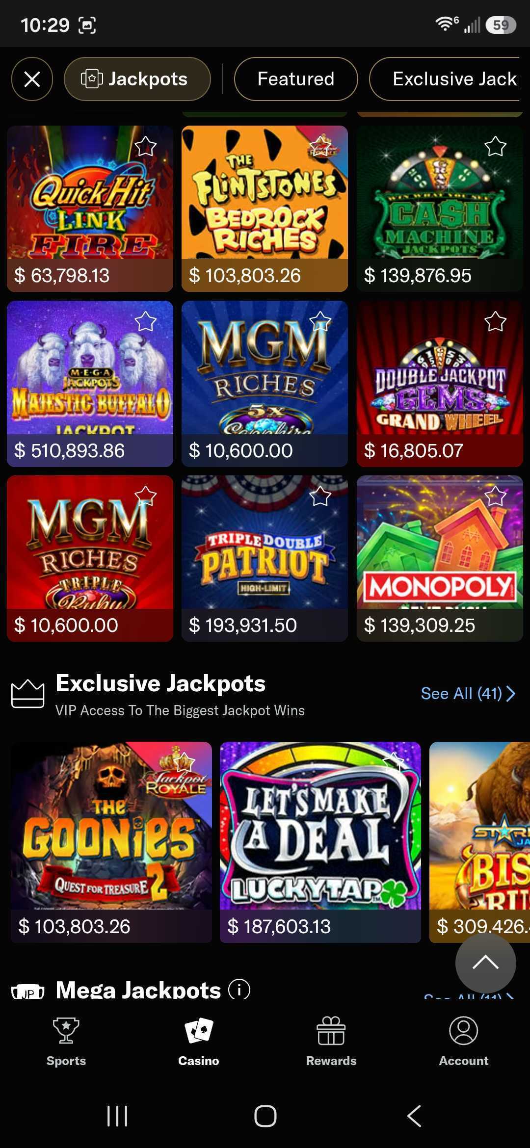 BetMGM Casino mobile app Jackpots screen with Quick Hit, MGM Riches and Monopoly jackpot slots