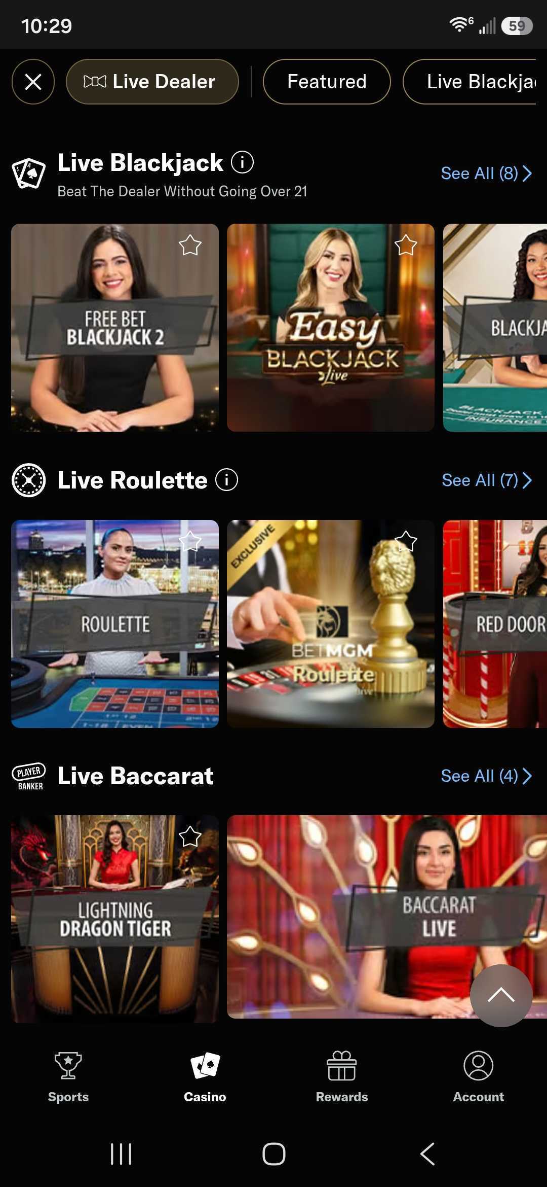 BetMGM Casino mobile app Live Dealer blackjack, roulette and baccarat tables screen