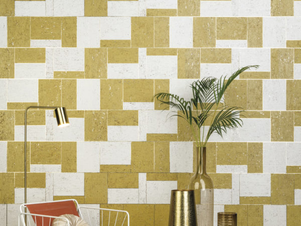 For the Khatam collection we were inspired by the intricacy of Venetian floor patterns and the exquisite designs of Persian marquetry which fuse Eastern and Western artwork. This picture shows the white, yellow and gold KHA22 wallcovering.