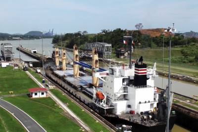 Ship at Panama Canal Lock in Panama City