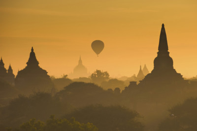 view of temple in burma at sunrise