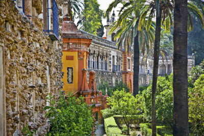 view of the architecture in the alcazar gardens in Seville