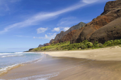 sandy beach and mountains