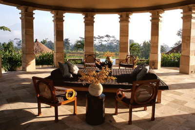 exterior view of gardens and open seating area