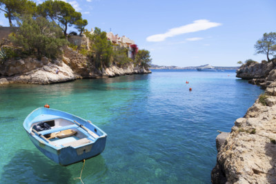 aerial view of a boat and bay