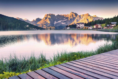 aerial view of lake and beautiful mountainous landscape