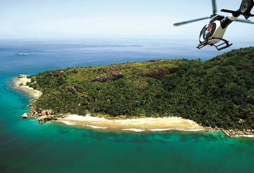Arriving to Felicite Island by helicopter