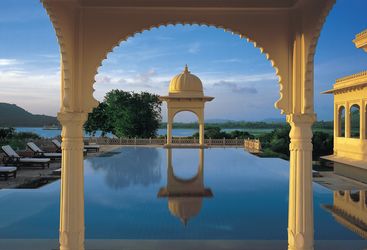 The swimming pool at Oberoi Udaivilas, luxury hotel in India