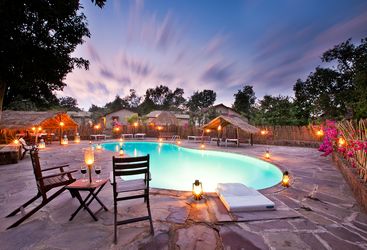 Dinner at the hotel pool at Forsyth's Saptura, luxury hotel in India