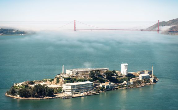 Alcatraz Island with a few of the Golden Gate bridge