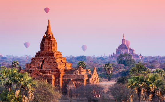 hot air balloons over Bagan Temples