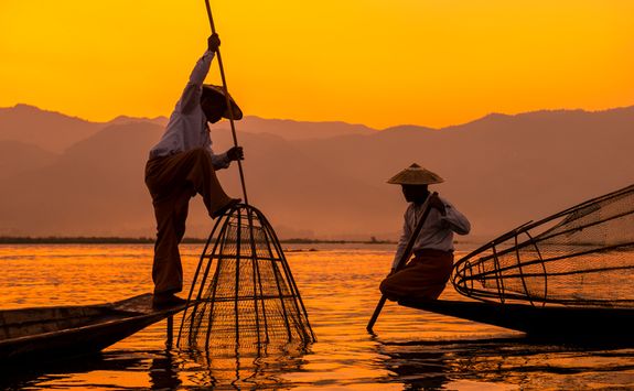 Fishing on Inle Lake at Sunset