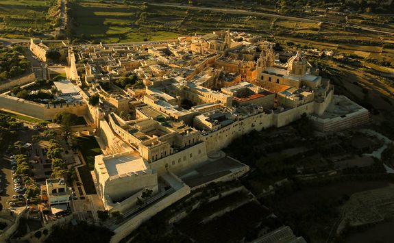 an aerial view of Mdina's walled city