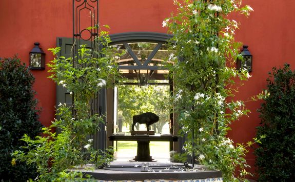 red painted patio