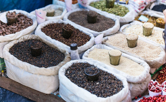 Street market selling cereals, Darjeeling