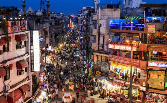 Busy street in Delhi at night
