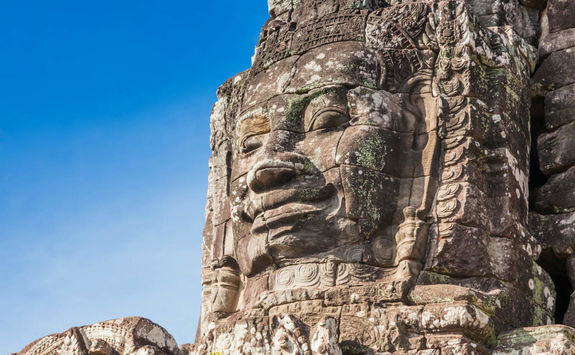 Close up shot of historic ruins of Bayon Temple