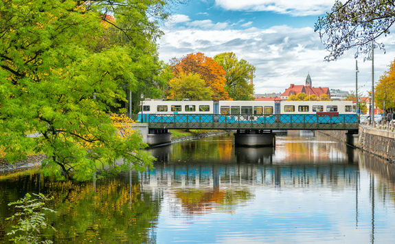 Tram on an old bridge in Gothenburg
