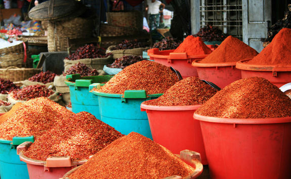 Tubs of spices in Myanmar market