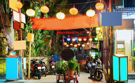 Motorcycles and street of old city of Hoi An