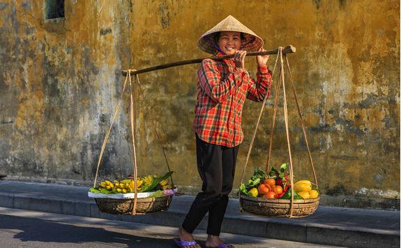 Vietnamese woman selling tropical fruits in old quarter