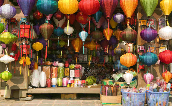 Silk lantern bazaar display in Hoi An