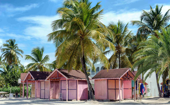 Pink beach huts in Antigua