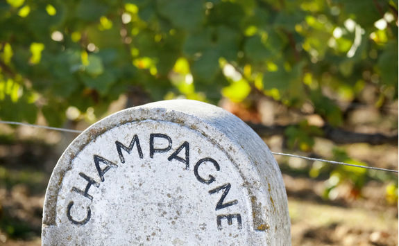 Stone champagne sign in a vineyard