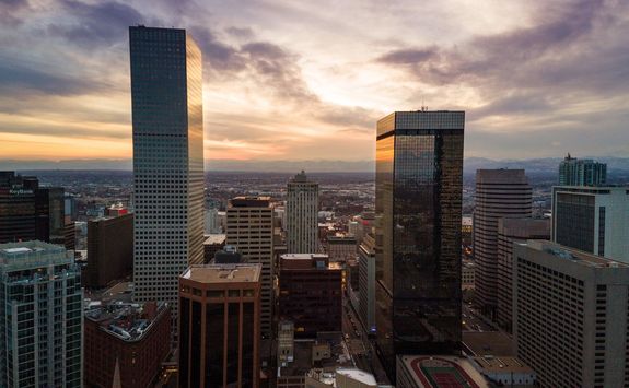 Aerial sunset on buildings