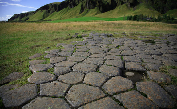 Low shot of the basalt columns at kirkjugolf