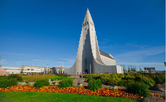 Aerial view of Reykjavik, harbor and skyline