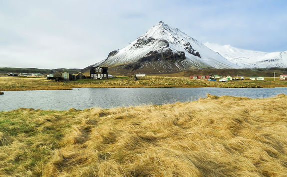 Snfellsnes peninsula fishing village and mountains with snow