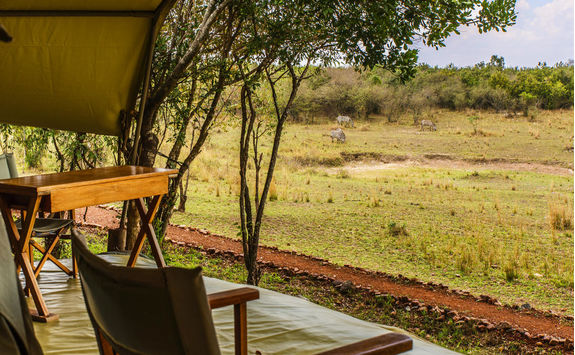 Chairs in front of a canvas tent turned to the savanna