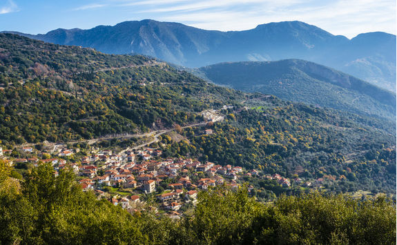 Aerial view of a mountain village in Arcadia