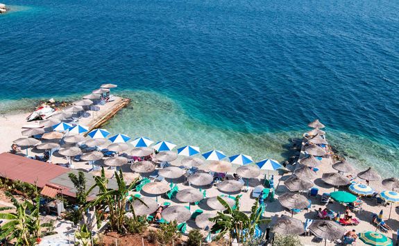 sarande albania beach umbrellas
