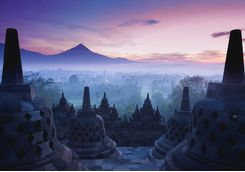 Sunrise over the ancient Buddhist Stupa Borobudur