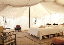 Inside of a tent at Scarabeo Desert Camp