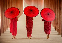 Three monks with red umbrellas
