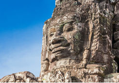 Close up shot of historic ruins of Bayon Temple