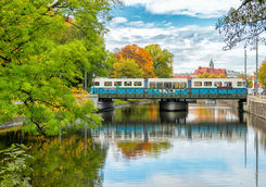 Tram on an old bridge in Gothenburg