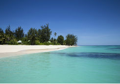 View of hotel and beach from the sea