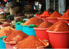 Tubs of spices in Myanmar market