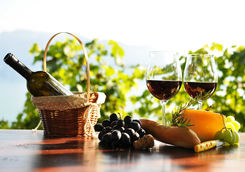Red wine bottle with glass