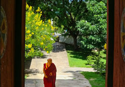 view of a monk through door