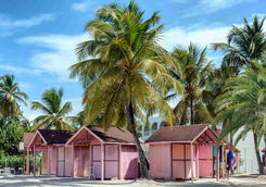 Pink beach huts in Antigua