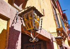 Colourful floor lamp in historic city center