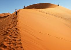 people climbing red sand dunes