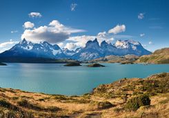 panoramic view of lake and mountains
