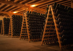 Bottles of champagne on a wine cellar