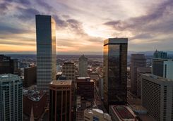 Aerial sunset on buildings
